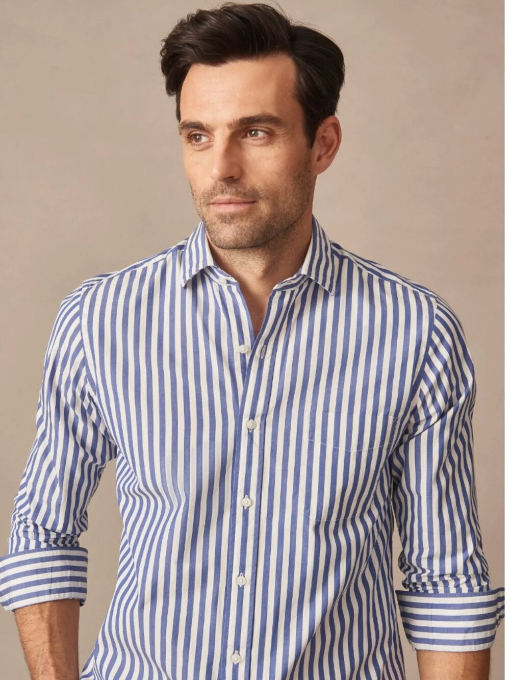 EZRA FITCH MENS Awning Stripe Blue White LS BUTTON FRONT DRESS SHIRT